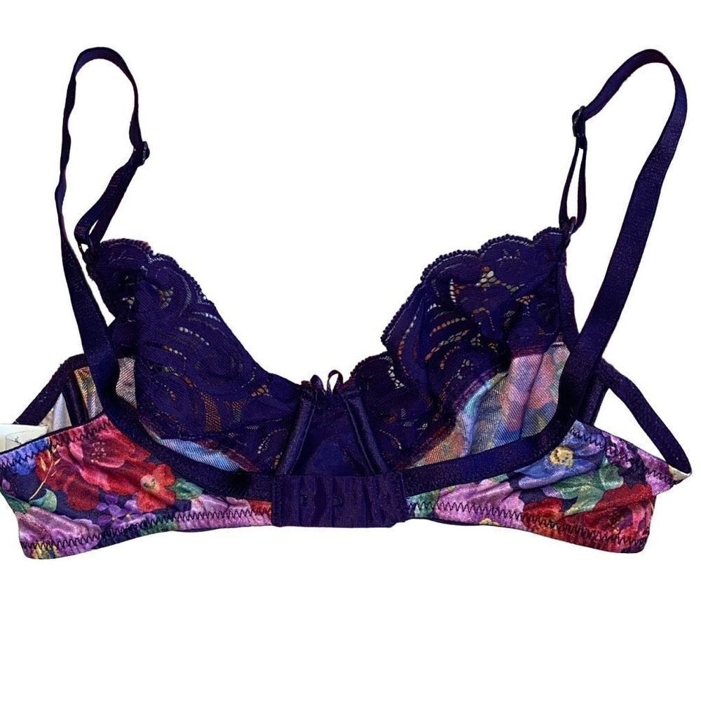 VTG Vintage Vanity Fair 1980s EUC Bra Purple Floral Lace Colorful Dopamine 34B - Picture 2 of 10